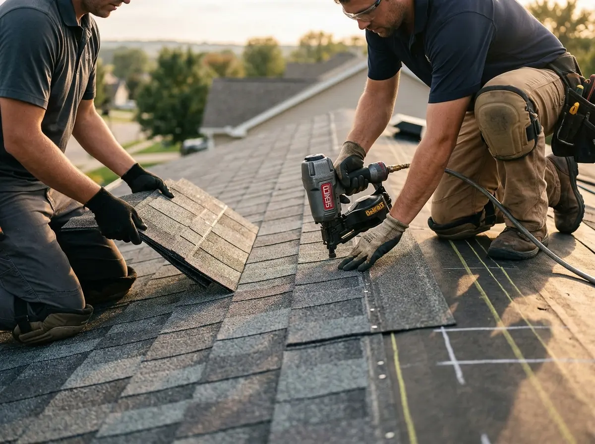 Professional roofer working on a residential roof in Benicia